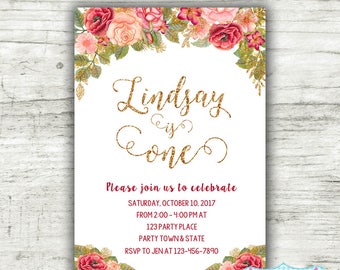 Watercolor Floral Birthday Invitation for Girl Pink and Gold Glitter | Girl First Birthday - FILE to PRINT