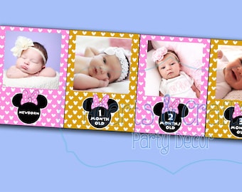 Rosa y Oro Minnie Mouse Primer Año Photo Banner DIY / 12 Month Banner / Minnie Mouse First Birthday Party / Light Pink / FILE to PRINT