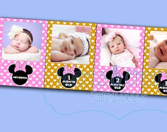 Pink and Gold Minnie Mouse First Year Photo Banner DIY / 12 Month Banner / Minnie Mouse First Birthday Party / Light Pink / FILE to PRINT