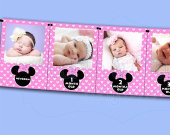 Minnie Mouse First Year Photo Banner / 12 Month Banner / PINK or RED / Minnie Mouse First Birthday Party / Baby Minnie / Mickey Mouse