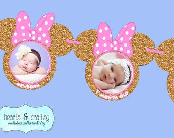 Banner fotográfico DIY de Minnie Mouse dorado para el primer año / Banner de 12 meses / Primer cumpleaños de Minnie Mouse rosa y dorado / ARCHIVO para IMPRIMIR