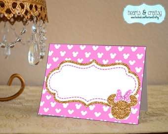 Pink and Gold Minnie Mouse Party Table Tents / Food Label / Place Cards Thank You Card / Pink and Gold Minnie Mouse Birthday