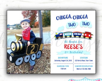 May include: A blue and red train invitation with a photo of a young boy dressed as a train conductor. The invitation says "Chugga, Chugga Two Two" and "All Aboard for Reese's 2nd Birthday!" with details for the party.