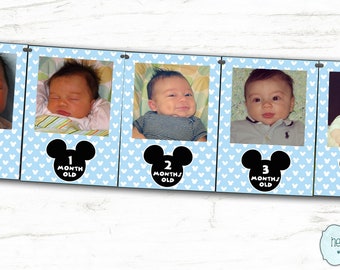 Baby Mickey Mickey Mouse First Year Photo Banner DIY / 12 Month Banner / Mickey Mouse First Birthday Party / Baby Blue FILE to PRINT