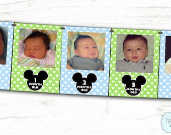 Baby Mickey Mouse First Year Photo Banner DIY / 12 Month Banner / Mickey Mouse First Birthday Party / Blue Green FILE to PRINT