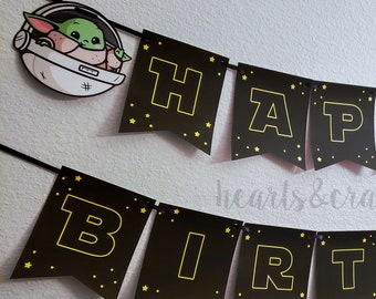 Bounty Hunter The Child Birthday DESCARGA INSTANTÁNEA Happy Birthday Banner / Star Fighters Birthday Party - Archivo para IMPRIMIR