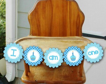 I Am ONE Kinderhochstuhl Banner DIY / Erster Geburtstag Kinderhochstuhl Banner / Blauer Cupcake - DATEI zum Drucken