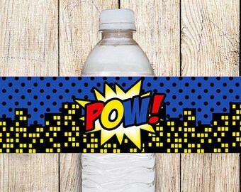 Super hero Birthday Drink Wrappers DIY / Super Hero Birthday Party Water Bottle Wrap / Boy Super Hero / Comic Book - FILE to PRINT