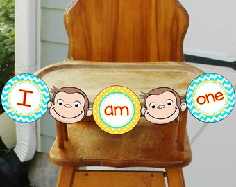 Curious George Birthday "I Am One" Banner INSTANT DOWNLOAD / Curious George Birthday Party Highchair Banner- diy File to PRINT