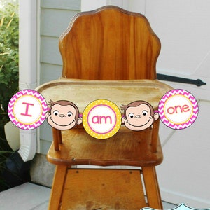 Curious George Birthday PINK I Am One Banner INSTANT DOWNLOAD / Curious George Birthday Party Highchair Banner- Pink & Yellow -file to print