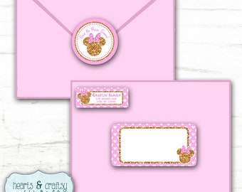 DIY Pink and Gold Glitter Minnie Mouse Party Address Labels and Envelope Seal / Envelope Labels / Glitter Minnie Birthday - FILE to PRINT