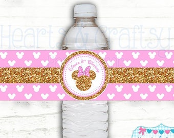 Glitter Minnie Mouse Water Bottle Labels DIY / Drink Wrapper / Printable Waterbottle Stickers / Pink and Gold Minnie Birthday - FILE t PRINT