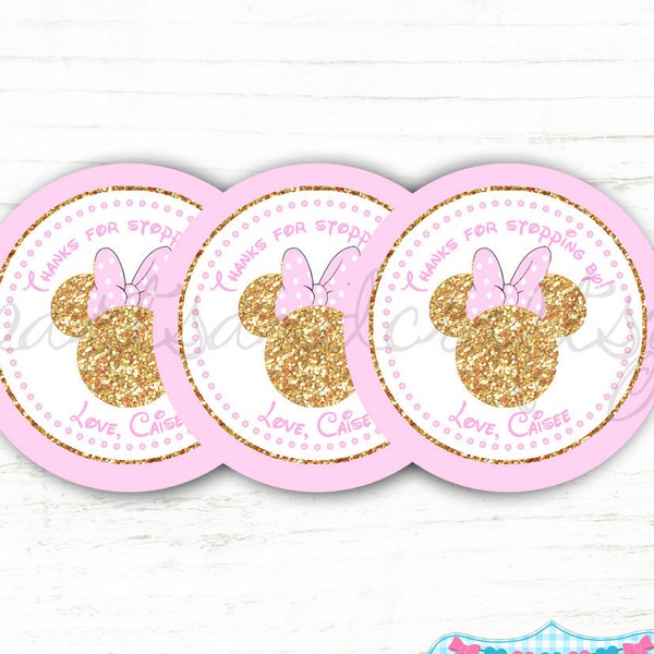 Glitter Minnie Mouse Party Favor Tags DIY / Thank You Tags / Stickers / Labels / Pink and Gold Minnie Birthday - FILE to PRINT