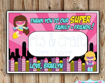 Superhero Girl Party Thank You DIY / Girl Super Hero Birthday Thank You Card / Girl Superhero Birthday Party Thank You - FILE to PRINT