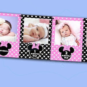 Minnie Mouse First Year Photo Banner DIY / 12 Month Banner / Minnie Mouse First Birthday Party / Light Pink and Black / FILE to PRINT