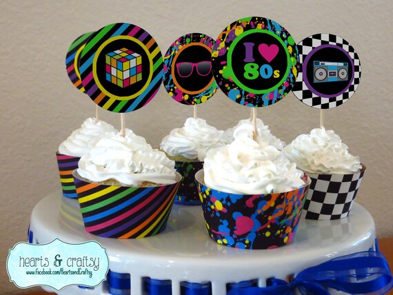 Neon 80s Party Cupcakes DIY - 80s Birthday Cupcake Toppers & Wrappers - Print Your Own FILE to PRINT Il_570xn