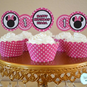 DIY Minnie Mouse First Birthday Party PACKAGE to PRINT Pink or Red Birthday Banner, Highchair Banner, First Year Banner, Cupcakes & more image 3