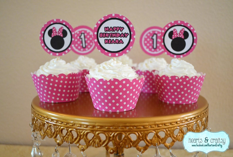 DIY Minnie Mouse First Birthday Party PACKAGE to PRINT Pink or Red Birthday Banner, Highchair Banner, First Year Banner, Cupcakes & more image 3