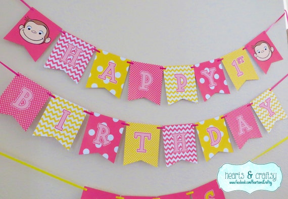 Curious George Happy Birthday Banner / Curious George Birthday Party - Pink Curious George / Girl Curious George FILE to PRINT DIY Il_570xn
