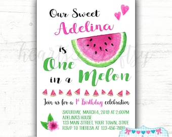One in a Melon First Birthday Invitation / Watermelon Birthday Party Invitation / Watermelon First Birthday - FILE to PRINT