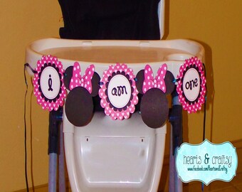 Minnie Mouse I Am ONE Highchair Banner / First Birthday Banner - Pink or Red - File to PRINT DIY