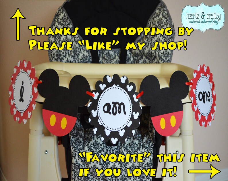 May include: A Mickey Mouse themed birthday banner with red, black and white paper circles. The banner says "one", "am", and "i". The banner is hanging on a high chair. The text "Thanks for stopping by, please "like" my shop!" is at the top of the image. The text "'Favourite' this item if you love it!" is at the bottom of the image.