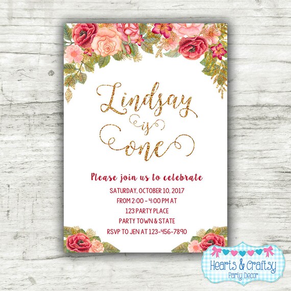 Pink and Gold Girls First Birthday Invitation | Watercolor Floral 1st Birthday Invitation for Girl Pink and Gold Glitter -FILE to PRINT Il_570xn