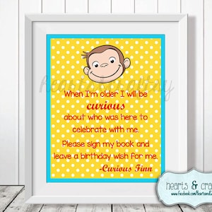 Curious George Birthday Guest Book Sign DIY - Blue or Pink - Personalized Party Sign - FILE to PRINT