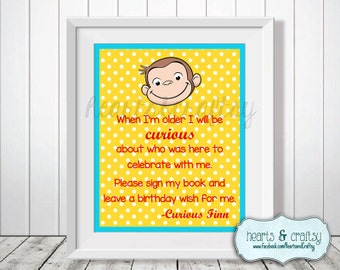 Curious George Birthday Guest Book Sign DIY - Blue or Pink - Personalized Party Sign - FILE to PRINT