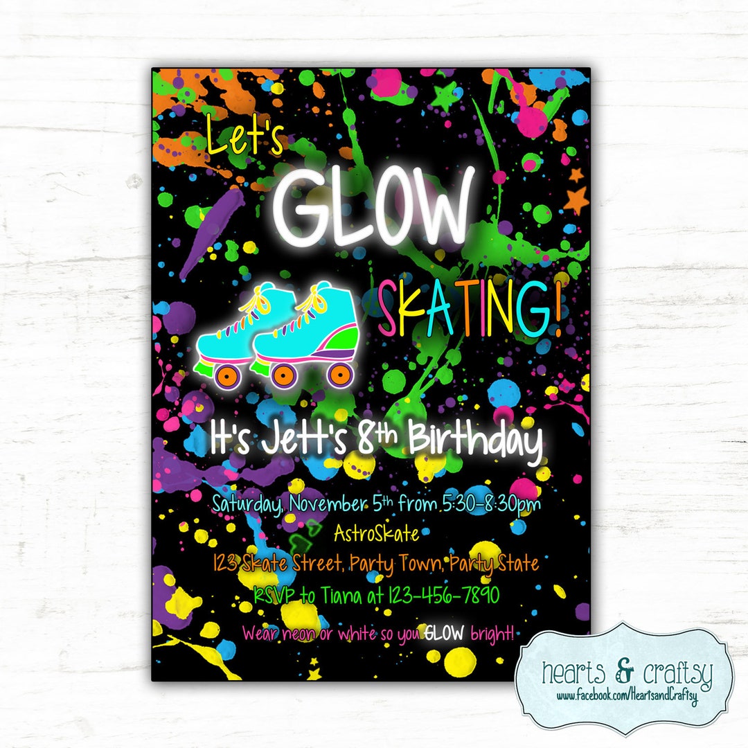 Skating Party Invitation / Glow in the Dark Skating Birthday Invitation