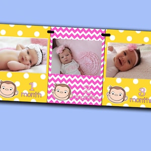 Pink Curious George First Year Photo Banner DIY / 12 Month Picture Banner - Girl Curious George First Birthday -Print-Your-Own FILE to PRINT