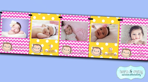 Pink Curious George First Year Photo Banner DIY / 12 Month Picture Banner - Girl Curious George First Birthday -Print-Your-Own FILE to PRINT Il_570xn