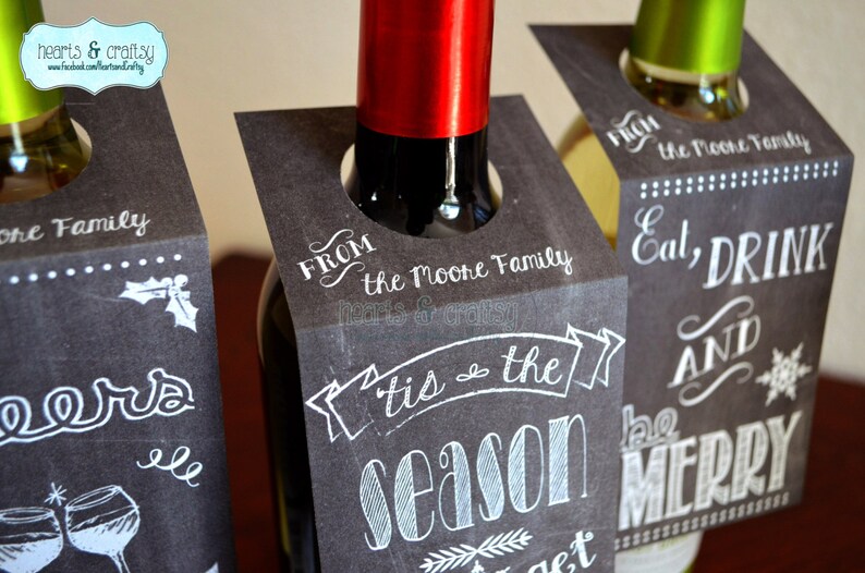 Christmas Holiday Chalkboard Style Personalized Wine Bottle Gift Tags / Wine Bottle Labels / SET OF THREE 3 image 2
