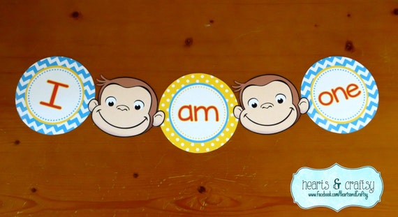 Curious George Birthday "I Am One" Banner / Curious George Birthday Highchair Banner / "I am Two" - BLUE or PINK Il_570xn