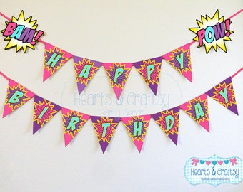 Girl Superhero Birthday Banner DIY / Girl Super Hero Party / Superhero Happy Birthday Banner / Pink Superhero - Printable - FILE to PRINT