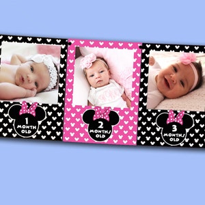 Minnie Mouse First Year Photo Banner DIY / 12 Month Banner / Minnie Mouse First Birthday Party / PINK and Black / Printable - FILE to print