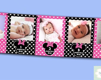 Minnie Mouse First Year Photo Banner DIY / 12 Month Banner / Minnie Mouse First Birthday Party / PINK and Black / Imprimible - ARCHIVO para imprimir