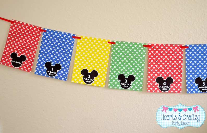 Mickey Mouse First Year Photo Banner / 12 Month Banner / Mickey OR MINNIE / Mickey Mouse First Birthday Party / Baby Mickey MICKEY BlueGreenYell