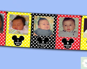 Mickey Mouse First Year Photo Banner / 12 Month Banner / Mickey OR MINNIE / Mickey Mouse First Birthday Party / Baby Mickey