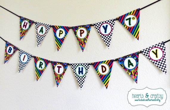Neon 80's Party Happy Birthday Banner DIY / 30th Birthday / 80s Birthday / Neon Party - FILE to PRINT Il_570xn