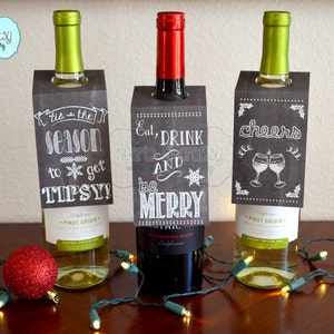 Christmas Holiday Chalkboard Style Personalized Wine Bottle Gift Tags / Wine Bottle Labels / SET OF THREE 3 image 1