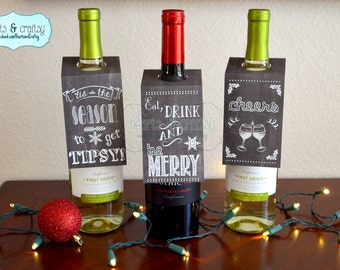 Christmas Holiday Chalkboard Style Personalized Wine Bottle Gift Tags / Wine Bottle Labels / SET OF THREE (3)