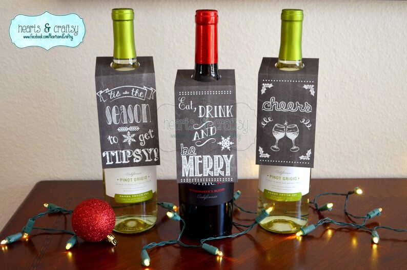 Christmas Holiday Chalkboard Style Personalized Wine Bottle Gift Tags / Wine Bottle Labels / SET OF THREE 3 image 1