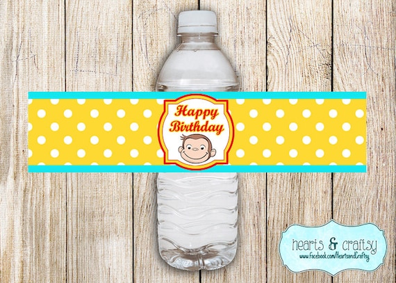 Curious George Party Water Bottle Labels / Drink Wrapper / Printable Waterbottle Stickers - Four Styles - Instant Download FILE to PRINT DIY Il_570xn