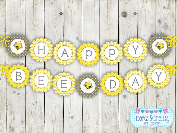 Happy BEE Day Banner DIY / Bumblebee Party Happy Birthday Banner - Grey and Yellow - File to PRINT Il_570xn