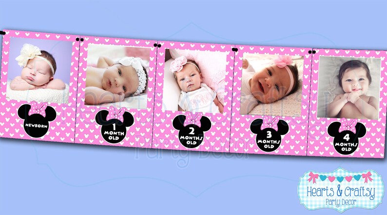 Mickey Mouse First Year Photo Banner / 12 Month Banner / Mickey OR MINNIE / Mickey Mouse First Birthday Party / Baby Mickey MINNIE Light Pink