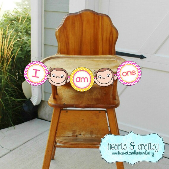 Curious George Birthday PINK "I Am One" Banner DIY / Curious George Birthday Party Highchair Banner- Pink & Yellow - Printable FILE to Print Il_570xn