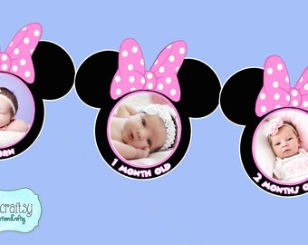 DIY Minnie Mouse First Year Photo Banner / 12 Month Banner / Minnie Mouse First Birthday Party / Light Pink / FILE to PRINT