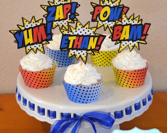 Superhero Party Cupcake Toppers and Cupcake Wrappers DIY / Super Hero Birthday / Comic Book Party- FILE to PRINT
