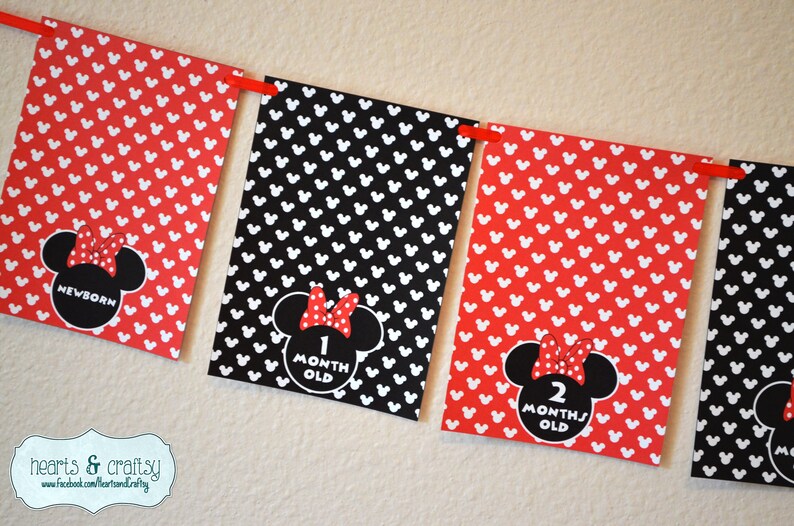 Mickey Mouse First Year Photo Banner / 12 Month Banner / Mickey OR MINNIE / Mickey Mouse First Birthday Party / Baby Mickey MINNIE Red & Black